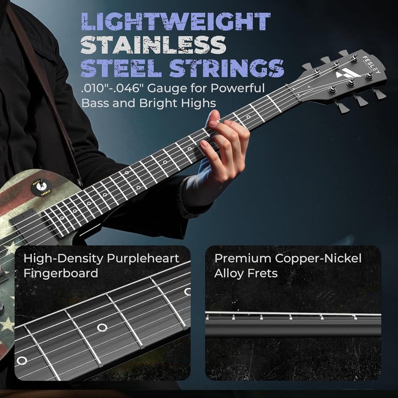 Fesley 39" LP Electric Guitar Kit: Full Size Solid Body Electric Guitars for Beginners with Humbucker Pickups,Poplar Body,Mahogany Neck,22 Frets,6 String Guitar with Gig Bag, FLP400,Matte,US Flag - Image 5